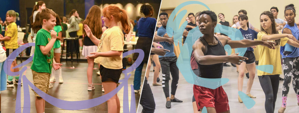 Aurora Theatre Academy images with shape overlays